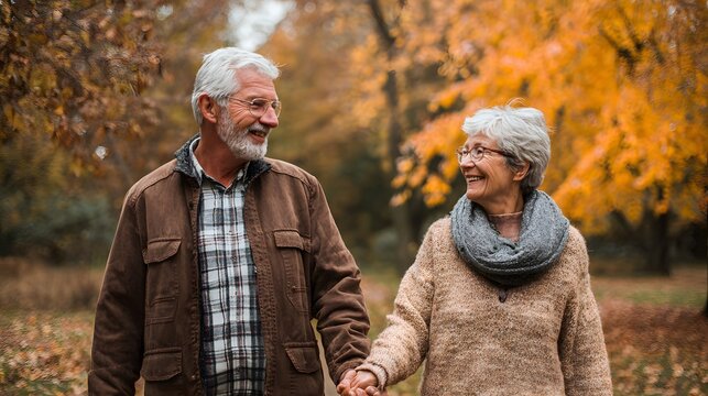 Smiling senior couple walking hand in hand through autumn park, sharing a warm moment of love, companionship and happiness in a natural outdoor setting