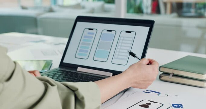 App development, business and woman with laptop screen, hands and internet with prototype. Closeup, person and employee in workplace, tech and ui with digital interface, ux and user friendly