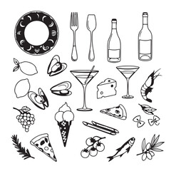 Hand-drawn Italian food set &ndash; Mediterranean lunch and dinner doodle icons featuring pasta, olives, pizza, cheese, tomatoes, lemons, and wine. Inspired by la dolce vita aesthetics.