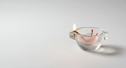  Contemporary Clear Glass Diya Oil Lamp with Saffron Infusion and Lit Flame on White Background Minimalist Spiritual Decor for Wellness Yoga and Deepavali Celebration Concept