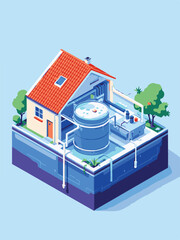 Isometric Vector Illustration of a Sustainable Home with Rainwater Harvesting System