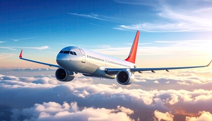 Obraz premium Commercial Airplane Flying Above Puffy Clouds with Blue Sky and Warm Sunlight at Sunset Featuring Red Tail and Wingtips for Stock Usage