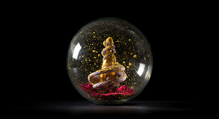 Luxury Golden Spiral Tree Snow Globe with Sparkling Dust and Red Base Isolated on Black Background Elegant Holiday Decoration for Christmas Celebration and Winter Magic Concept