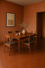 Minimalist dining room with terracotta walls and wooden furniture