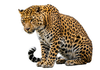 Beautiful leopard sitting isolated on transparent background, majestic feline with spotted coat in a relaxed pose, wildlife animal PNG