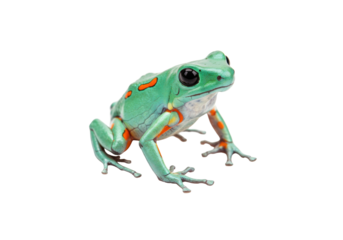 Splendid leaf frog isolated PNG on transparent background, colorful Cruziohyla calcarifer amphibian with orange markings, exotic pet for nature designs