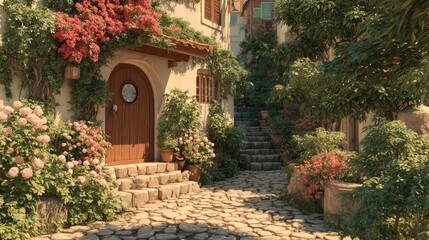 Naklejka premium Charming Rustic Home Entryway Adorned with Lush Floral Decorations and Stone Pathway