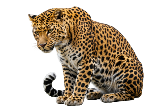 Beautiful leopard sitting isolated on transparent background, majestic feline with spotted coat in a relaxed pose, wildlife animal PNG
