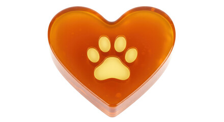 Amber heart with paw print isolated PNG, pet love symbol on transparent background for veterinary clinic and animal care