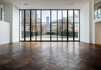 Fototapeta premium Spacious empty room featuring large black window frames, white walls, and polished wooden herringbone floor, creating serene atmosphere