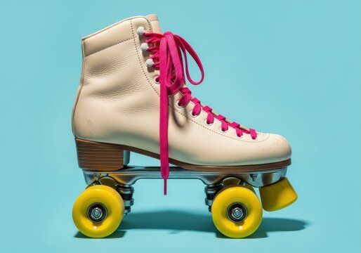 vintage white roller skate with vibrant yellow wheels and pink laces on blue background. retro 80s concept for summer fun and nostalgic vibes. poster, flyer.