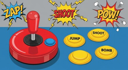 vintage arcade joystick and buttons illustrated in pop art, comic book style. retro gaming concept with sound effects like 'pow!'. website banner, poster.