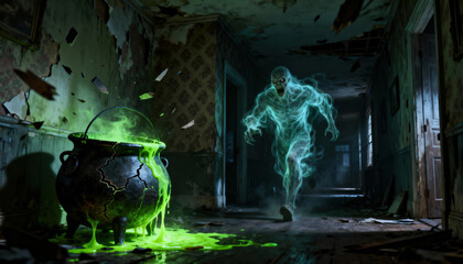 Naklejka premium Scary ghost in haunted house with magic cauldron for halloween. terrifying supernatural spirit in spooky scene