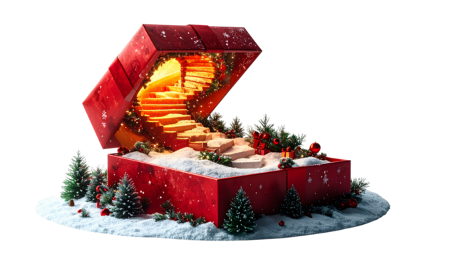 Surreal Christmas present with an endless spiral staircase emerging from inside, isolated on transparent background, dreamlike festive symbolism - Powered by Adobe