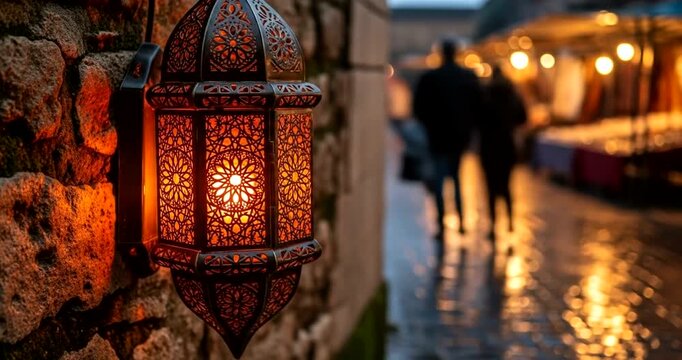 Ornate lantern glowing on a cobblestone street, market ambiance in the background