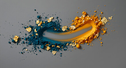 Abstract Art Concept with Vibrant Teal and Orange Powder Streaks and Gold Leaf Accents on Grey Background Creative Texture for Cosmetic Makeup or Artistic Design Backdrop