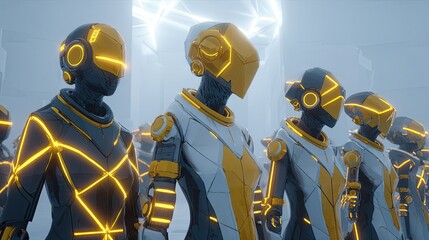 Futuristic Pixelated Robots In Geometric Line Armor