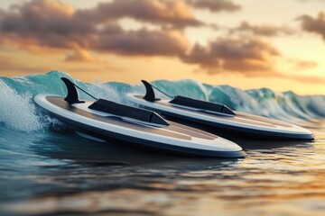 High-tech surfboards ride ocean waves during sunset near a serene coastline