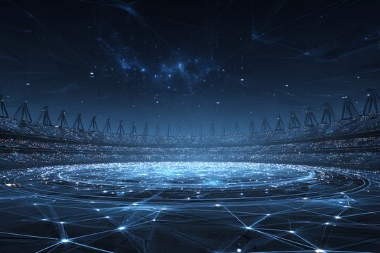 Starry digital stadium atmosphere with glowing light effects and futuristic design at night