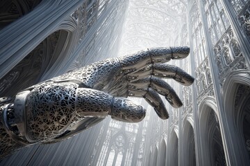 Intricate metallic hand reaching toward sunlight in a grand cathedral with ornate architecture and high ceilings