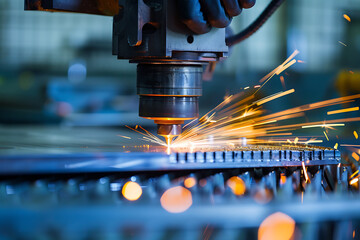 レーザー切断を行う工業用マシンのクローズアップ