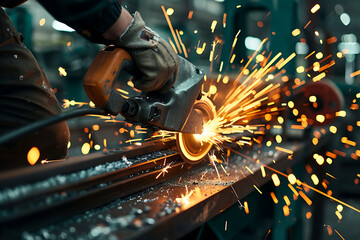 スパークが飛び散る金属研磨作業の手元クローズアップ