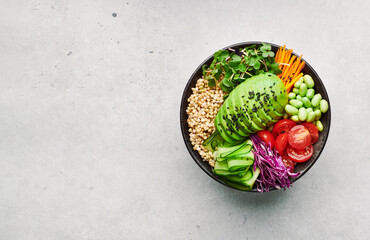 A varied, tasty, and beautiful breakfast, a healthy eating concept. Top view, copy space