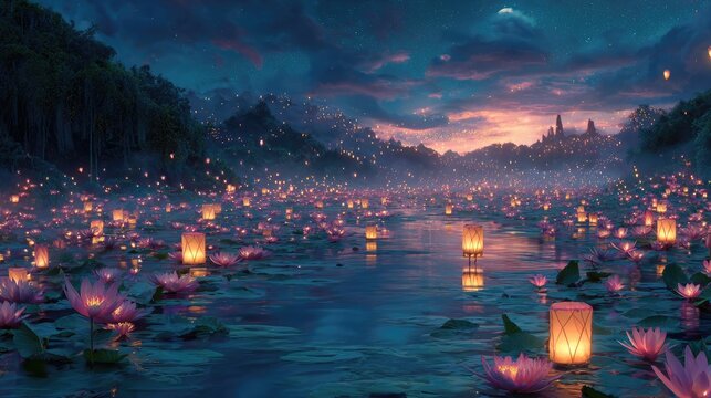 Magical River Scene With Floating Lanterns And Castle At Sunset