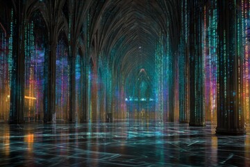 Digital transformation of a gothic cathedral blending architecture with technology and vibrant visual effects showcasing a futuristic ambiance
