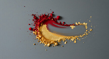 Luxurious Red and Gold Powder Streaks on Grey Textured Background Abstract Cosmetic Pigment or Artistic Paint Smear Design for Premium Branding and Creative Projects