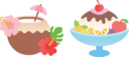 Colorful summer cool drinks and refreshing desserts illustrations