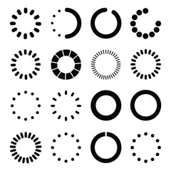 Collection of various black and white circular loading or progress indicators