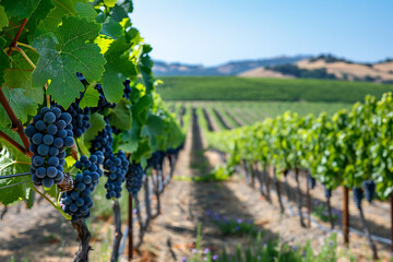 青空の下に広がるブドウ畑とぶどうの房のクローズアップ