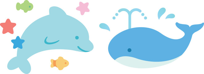 Playful Dolphin and Whale with Fish and Starfish simple illustration set