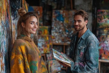 Couple enjoys creative moment in art studio surrounded by colorful paintings