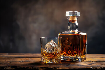 高級感あるウイスキーボトルと氷入りグラスの構図
