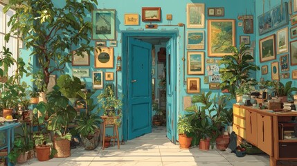 Fototapeta premium Serene indoor scene with plants, sunlight, and artworks adorning cyan walls