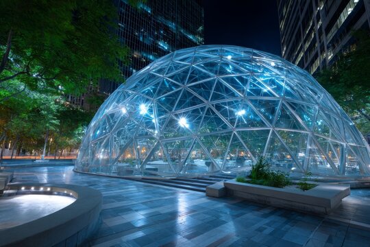 Modern glass dome structure illuminated at night in an urban setting with surrounding greenery and city lights