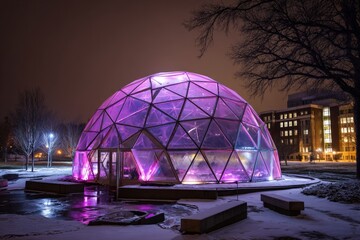 Brightly lit geodesic dome in winter park at night showcasing vibrant purple colors and nearby university buildings