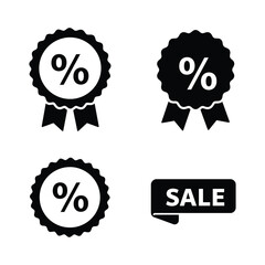 Black and white icons depicting percentage symbols ribbons and a sale label