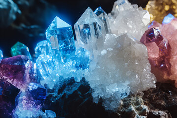 Close up of colorful mineral crystals with digital overlays, vibrant hues, and detailed textures, showcasing beauty and diversity of natural gemstones and minerals