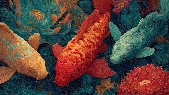 A colorful pond with koi fish swimming between vibrant chrysanthemums