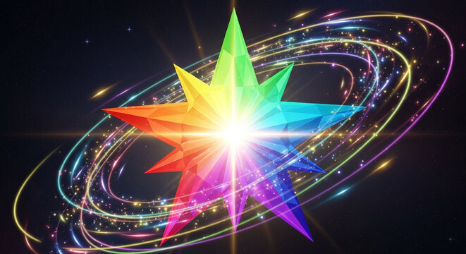 A vibrant rainbow star bursts with light, surrounded by swirling, colorful trails against a dark backdrop, creating a magical and dynamic visual effect
