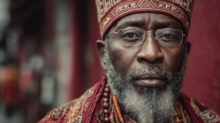 Fototapeta premium Detailed portrait of an elder man with textured beard and beaded clothing