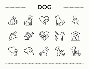 Dog vector icon set. Thin outline icons pack. Contains such symbols as pets, pet, puppy, animals, dog. Art and illustration. Animals line icon set.