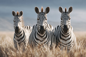 Fototapeta premium Zebras Grazing Peacefully in the Golden Grasslands at Sunset