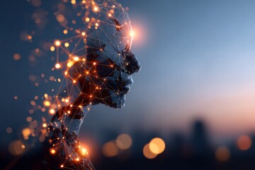 Artificial intelligence concept showing a digital silhouette of a human head against a blurred urban background at dusk