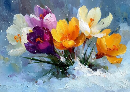 Oil painting of crocuses blooming in the snow, impressionist style artwork on canvas, depicting early spring flowers and nature scene