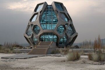 Unique geometric building sits on a sandy landscape under an overcast sky near a body of water during the early evening hours