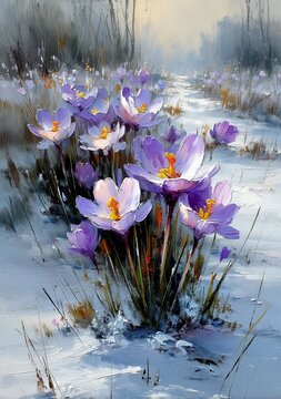Fototapeta Oil painting of crocuses blooming in the snow, impressionist style artwork on canvas, depicting early spring flowers and nature scene